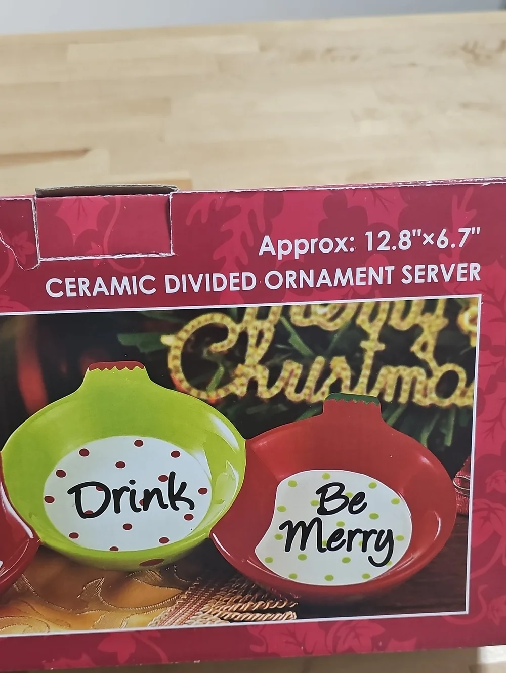 Christmas Ceramic Divided Ornament Server Dish Eat Drink Be Merry